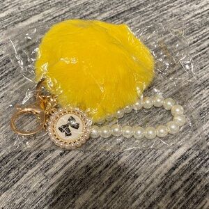 Yellow Fur Pom Pom Keychain with Pearl Bracelet